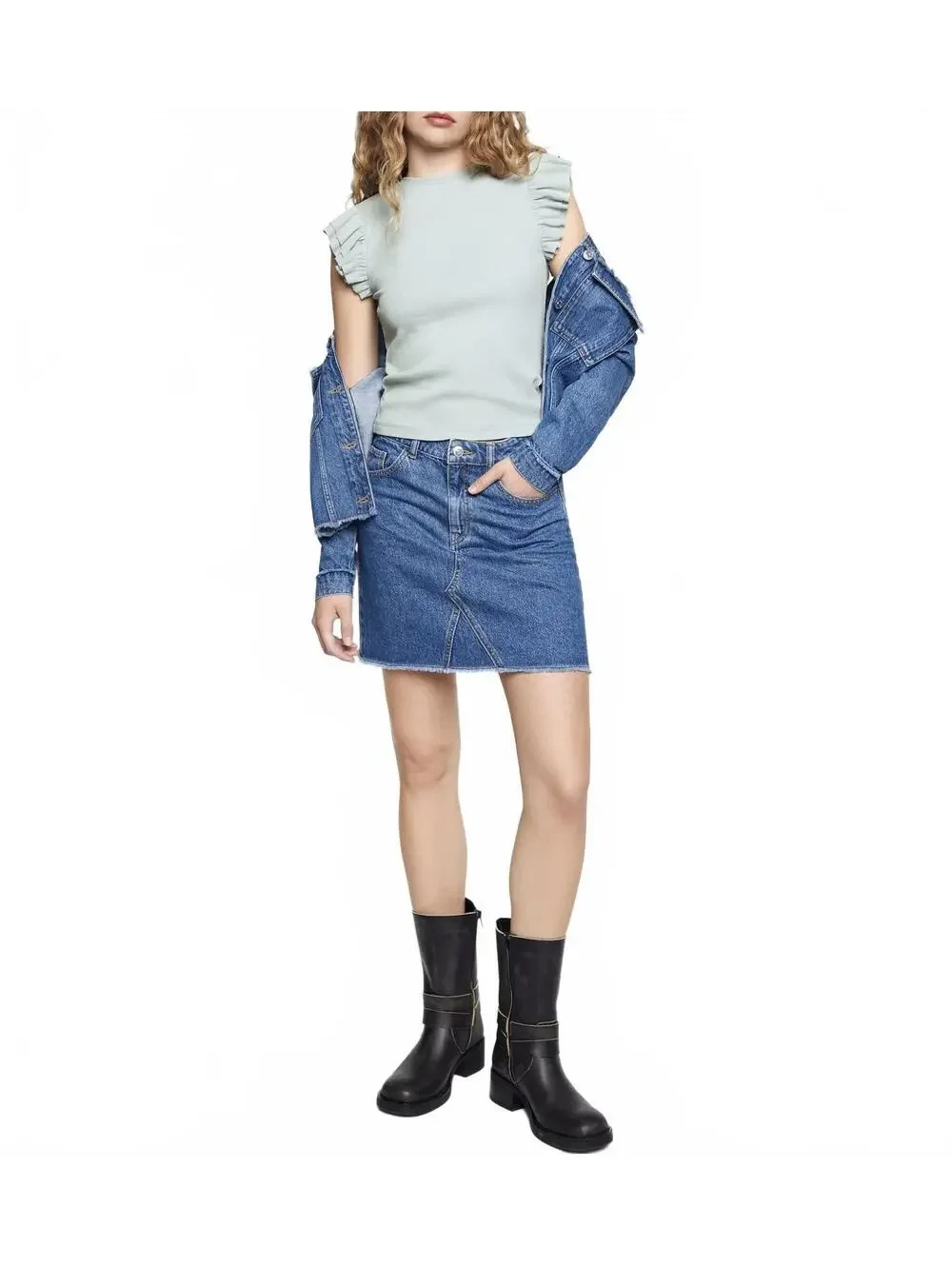 Mango Cotton Short-Sleeved Ruffle T-Shirt Blue NWT Teen's XS